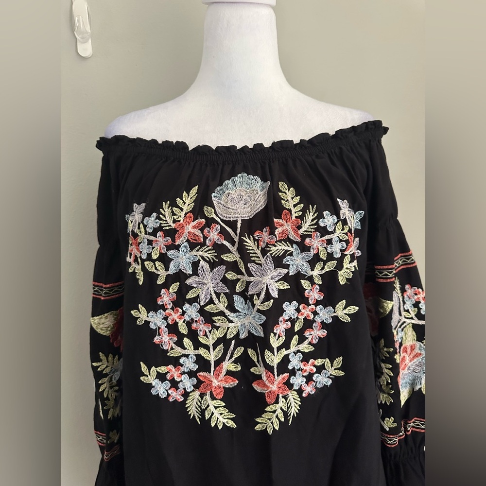 Free People Fleur Du Jour Black Floral Embroidered Off Shoulder Dress Black S - Picture 7 of 15